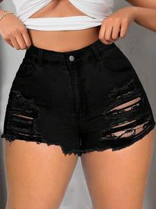 【plus size】 women's high waist ripped stretch denim mom shorts, casual fashion shorts for daily outdoor wear, women plus size clothing for summer