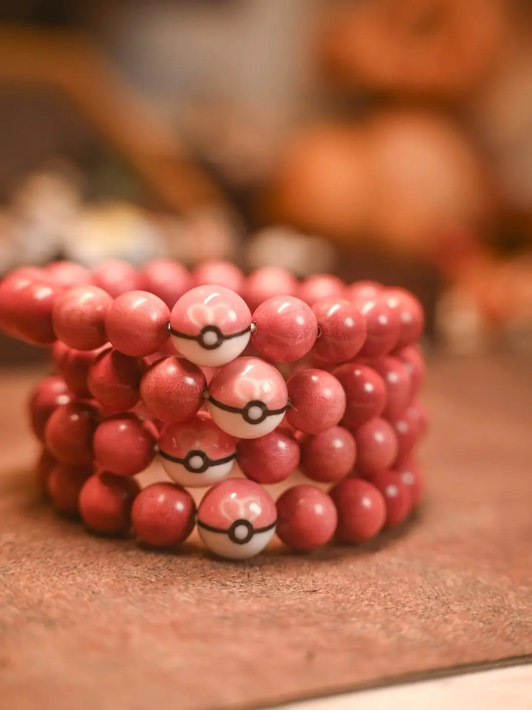 Heart in Bloom Ceramic Bracelet – Handcrafted Love Poké Ball with Natural Cherry Wood Beads, Meaningful Gift for Her