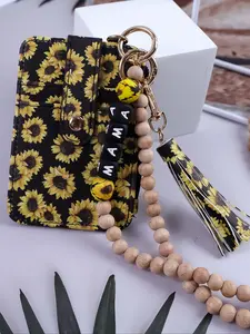 Unique Floral Print Beaded Keychain, Sunflower Leopard Pattern Card Holder, Mama Letter Decorative Beads, Perfect Mother's Day Gift
