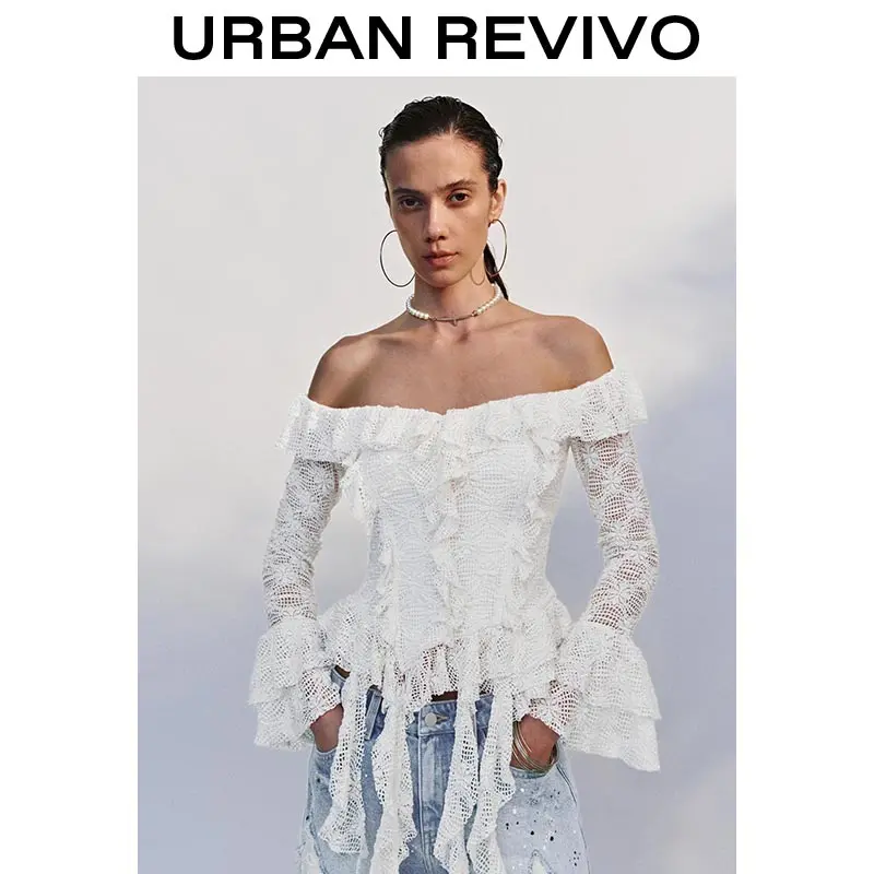 URBAN REVIVO Women's Elegant Boat-Neck Flare-Sleeve Blouse - Ruffled Sash Shirt, 1-Piece 2025 Casual Everyday Cold Wash Clothes, Versatile OOTD Pick UYL250091 (Note: Do Not Dry Clean)