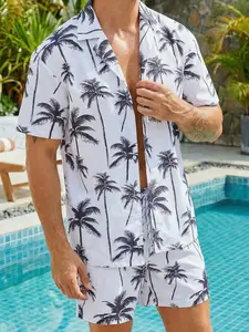 Men's Vacation Swimwear Set, Manfinity Two-Piece Swimsuit, Short Sleeve Top & Shorts, Digital Print Design, Tropical, Casual Wear, Outfit