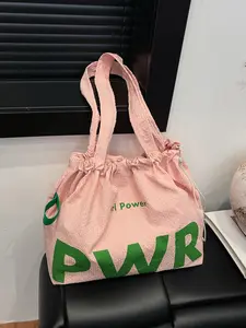 Fresh and artistic style, fashionable and versatile drawstring tote bag with contrasting letter print, drawstring drawstring drawstring, large storage capacity, simple and casual style, suitable for daily travel and dating
