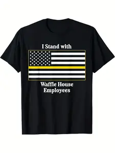 Men's Patriotic "I Stand with Waffle House Employees" Graphic T-Shirt - 100% Cotton 180g Crew Neck Tee with American Flag & Stripe Design, Soft Breathable Lightweight Fabric, Casual Comfort Fit, Machine Washable All-Season Apparel, Unisex Casual Wear, Hot