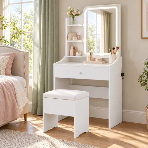 LIKIMIO Stable Compact Vanity with Mirror Makeup Vanity Desk, Light-Up Mirror, Built-In Charging Station, 3 Lighting Modes, Drawer, 3 Shelves, Upholstered Storage Stool, Space-Saving for Bedroom