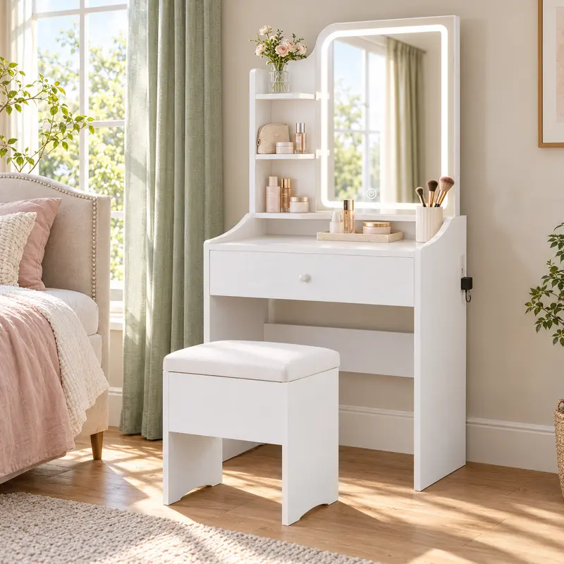 LIKIMIO Stable Compact Vanity with Mirror Makeup Vanity Desk, Light-Up Mirror, Built-In Charging Station, 3 Lighting Modes, Drawer, 3 Shelves, Upholstered Storage Stool, Space-Saving for Bedroom