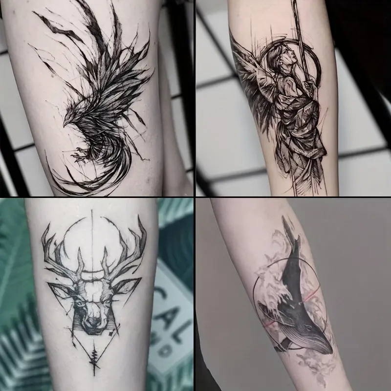 6 Large Herbal Tattoo Stickers, Including Phoenix, Angel, Deer, Whale, and 2 Random Pattern Elements, Lasts 7-15 Days, Waterproof, Wear-resistant, Realistic, Suitable for Those Who Don't Want Tattoos