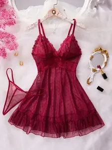 Pure Color Mesh Polka Dot Print Halter Dress, V Neck Lace Trim Hem, Lightweight Breathable Fitted Home Comfort Soft Sleepwear Homewear Clothes Loungewear V Neck Nighty with Underwear Included