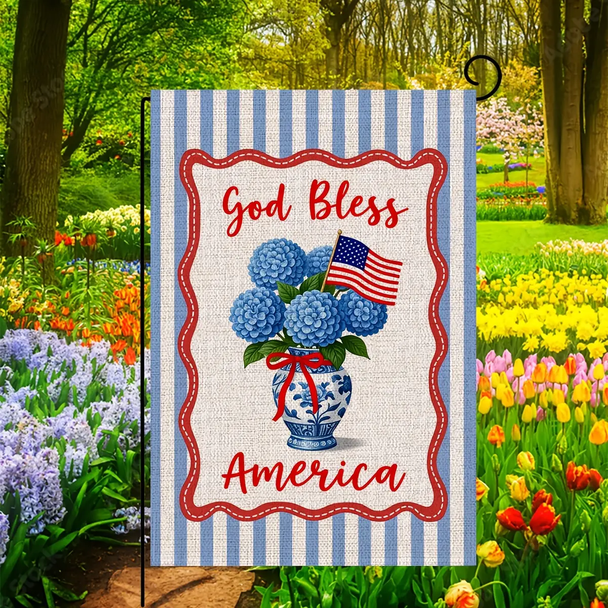 Chinoiserie Hydrangea Garden Flag God Bless America Garden Flag, Double Sided Farmhouse Yard Outdoor Flag, Farmhouse Rustic Pasture Porch Decoration, Linen Material, No Flagpole, 12x18 Inch