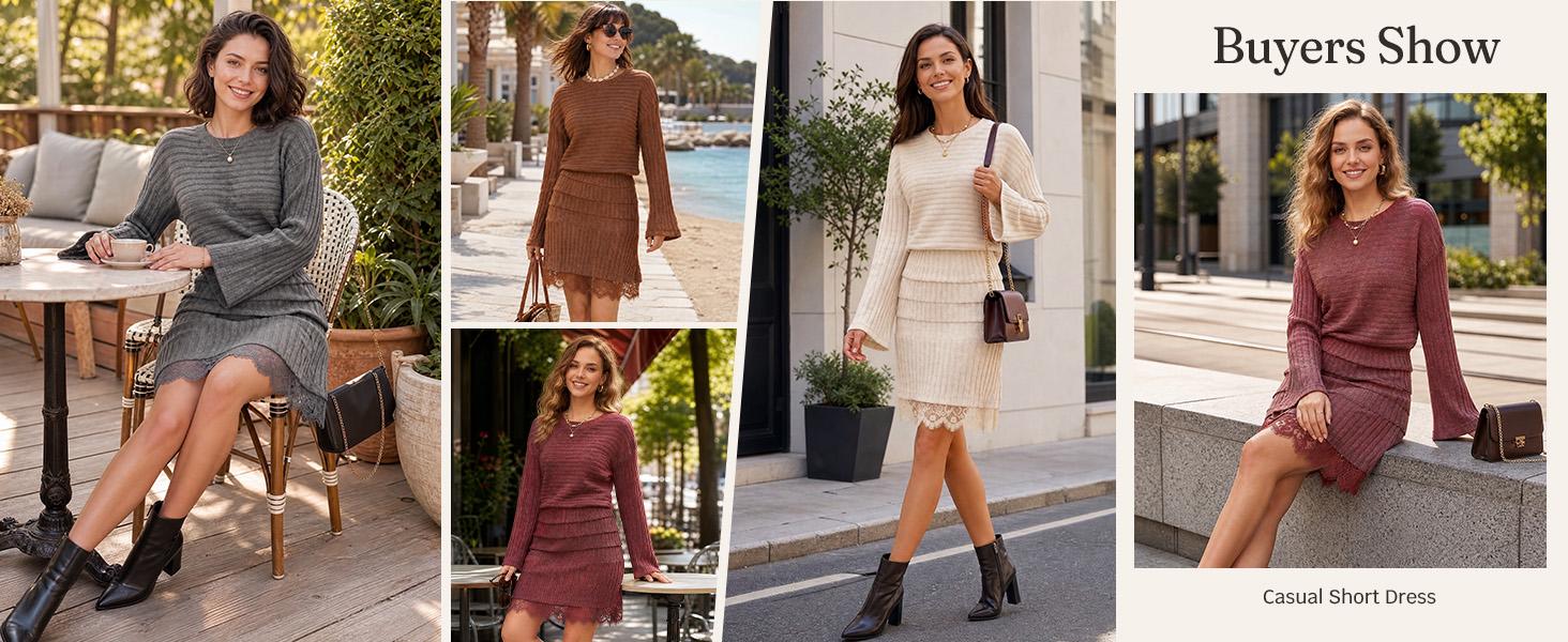 Wenrine Women's Pullover Crew Neck Long Sleeve Knitted Ribbed A-Line Midi Dress - Elastane Viscose Blend, Lace Hem, Bodycon-Friendly Casual Wear for Fall Winter Holiday Gathering, Do Not Dry Clean