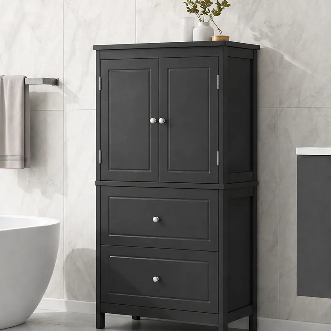 Black MDF Tall Bathroom Storage Cabinet with Two Doors and Two Drawers, Adjustable Shelf, Waterproof Easy-Clean Surface, Anti-Tip, 11.8W x 23.6D x 43.3H Inches, for Bathroom Kitchen Office Laundry Room Organization, Black Color Options