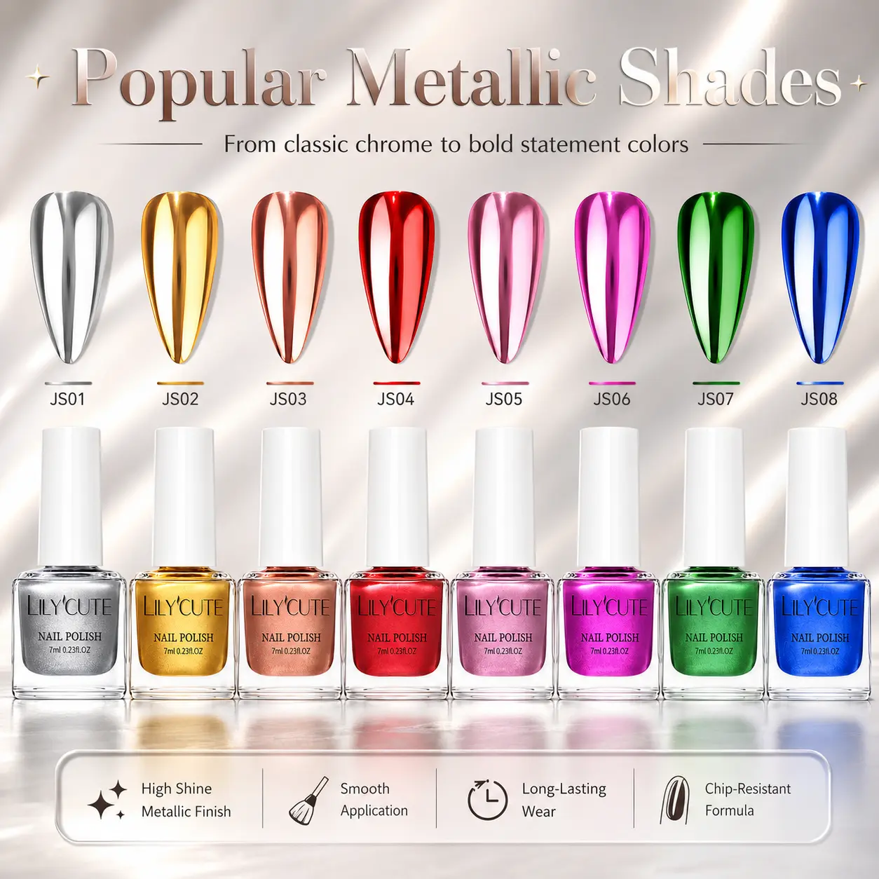 Mirror Metallic Nail Polish - High-Shine Reflective Finish, 7 ml Single Bottle Cosmetic for DIY Manicure, Daily Middle Chrome Nails Art, 8 Colors Including Gold & Silver