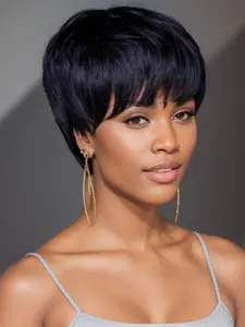 Human Hair Wigs Short Straight Mullet Wig 4inch Pixie Cut Wigs Human Hair for Women with Shaggy Layers And Bangs Curly Natural Straight Hair Retro Cosplay Wigs  Suitable for Multiple Occasions Universal Fit Perfect for Party Suitable for All People