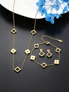 Gold Tone Clover Jewelry Set for Women, 3Pcs Open & Solid Clover Necklace Bracelet Earrings Set, Minimalist Everyday Jewelry, Fashionable Jewelry Set