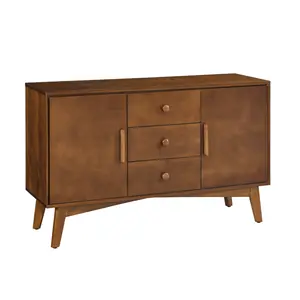 Mid-Century Modern Faux Wood Grain Sideboard - 47.25x15.75x29.5in P2 Grade MDF Classic Retro Double Door Storage Cabinet, Solid Wood Frame, Rounded Design, Easy Install Eco-Conscious Furniture for Entryway, Living Room, Classic Retro Sideboards, Faux Wood