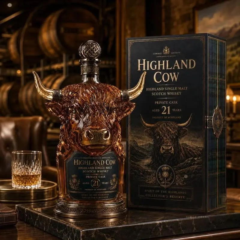 Highland Cow 21 Years Private Cask Single Malt Scotch Whisky Decanter, Collectible Decanter with Vintage Metal Stopper, Luxury Gift Bottle, Commemorative,gift