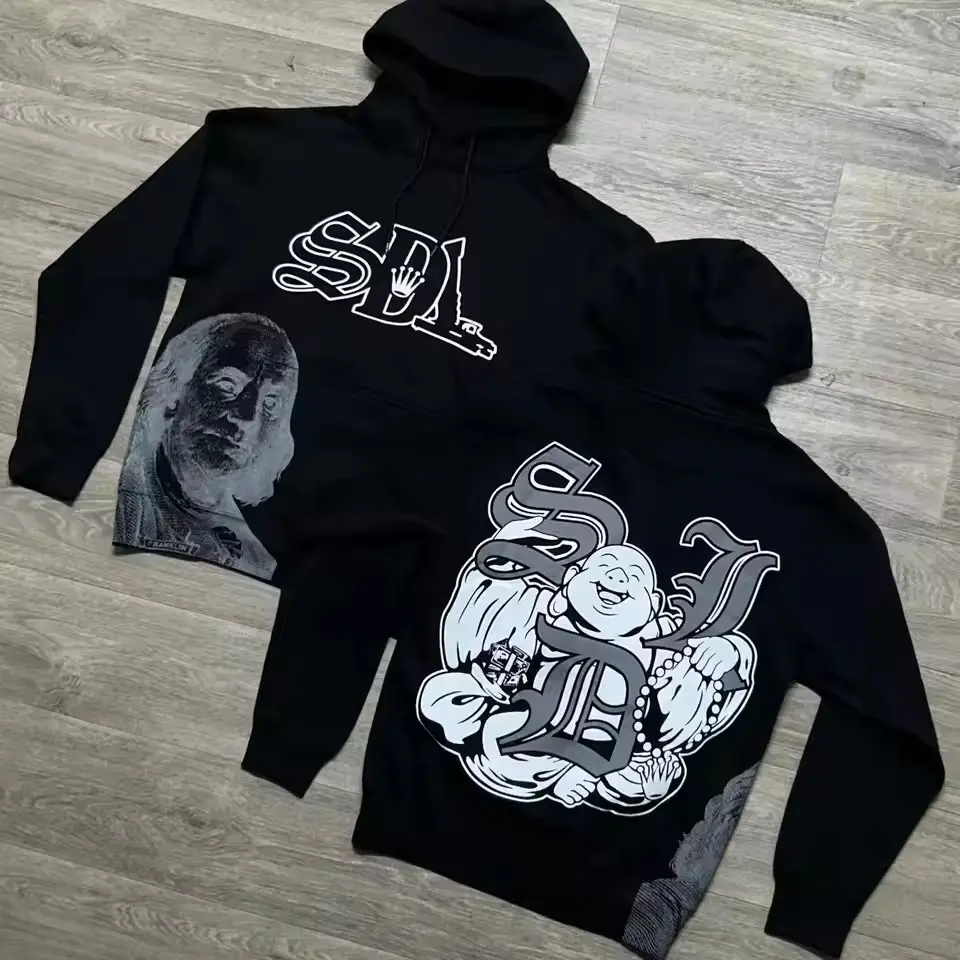 SDL Buddha Graphic Hoodie, Vintage Gothic Y2K Grunge Oversized Cotton Hoodie for Men, Streetwear Sweatshirt