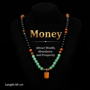 Money Attraction Necklace with Green Aventurine & Tiger Eye Pendant, Healing Crystal Stone Jewelry, Anniversary & Vacation Theme Party Charms, Abundance Crystal Necklace, Long Chain Sweater Chain, Ideal Gift for Men and Women, Gift