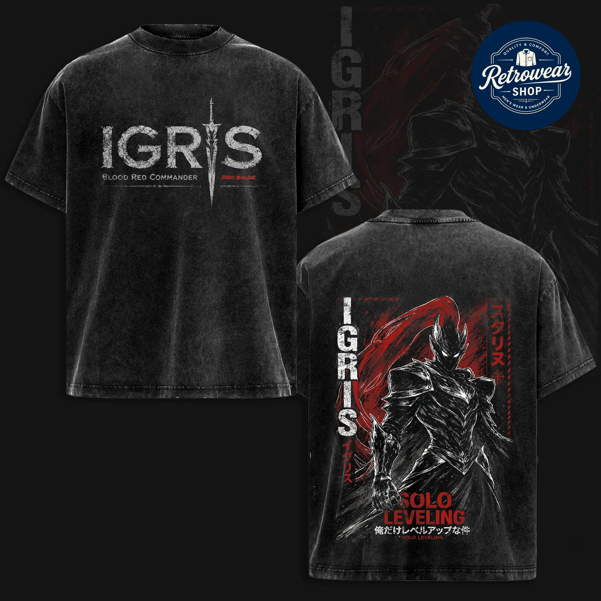 Men's Igris Solo Leveling Arise Vintage Washed Short-Sleeve Round Neck Casual Graphic Tee - Blood Red Commander Heavyweight Menswear Top, Shadow Army Streetwear Oversized Gift for Solo Leveling Fans