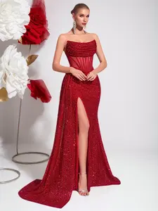 Elegant Beaded Evening Dress, Off-the-Shoulder High Waist Long Train, Open Back Slit, Formal Party Gown, Women's Fashionable Prom Dress