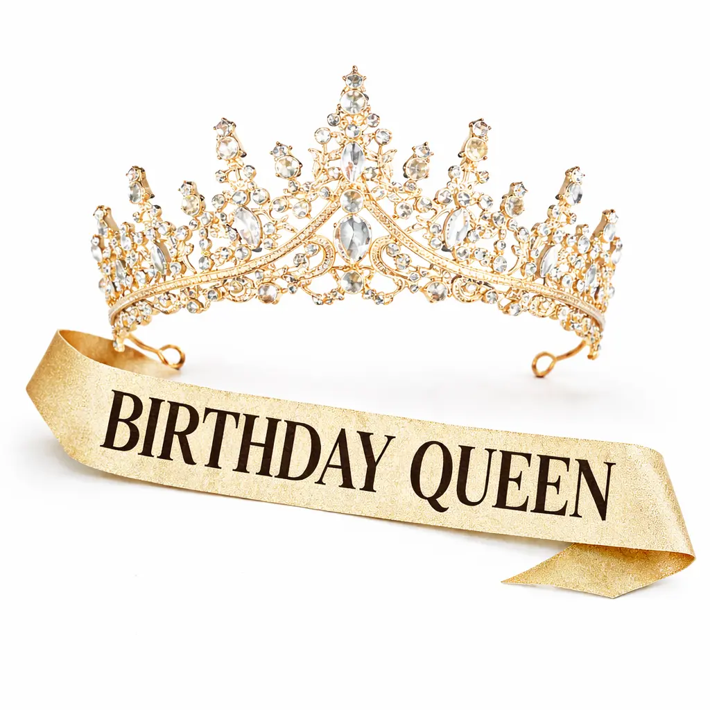 Female Rhinestone Gold Glitter Crown and Sash Set - Elegant Tiara with Happy Birthday Sash, Princess Look Photo Props, Birthday Gift That Adds Festive Touch
