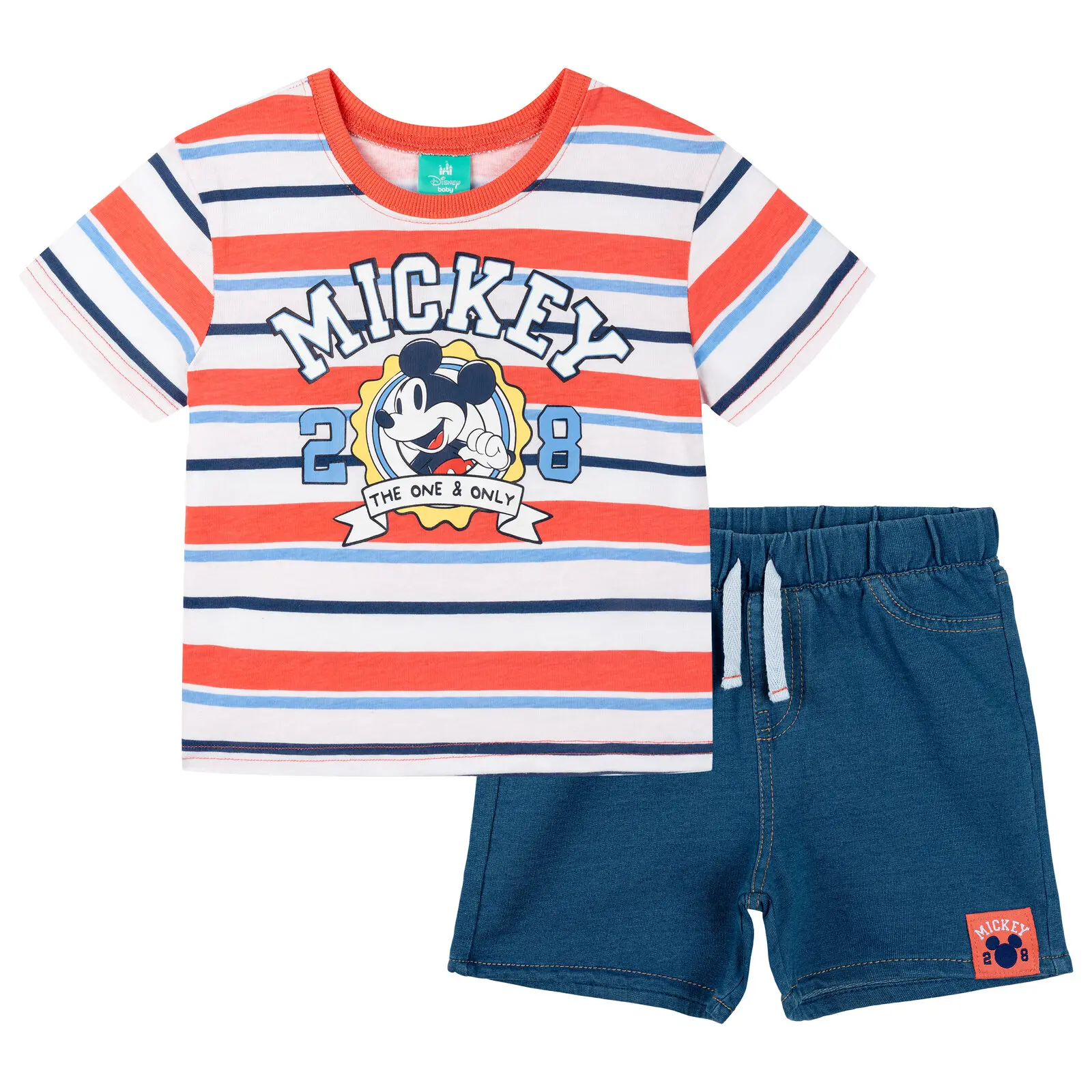 Disney Mickey Mouse Baby Boys' 2-Piece Outfit - Striped Short Sleeve Graphic Tee, Faux Denim Bottoms, Navy Stripe, Newborn Size, Infant Sizes, Striped Tee