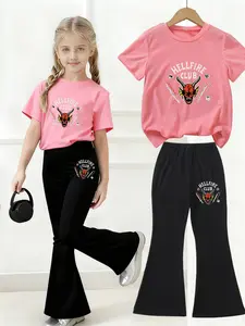 Stranger Things Hellfire Club Evil Fire Club Cartoon Print Set - Boys And Girls Summer T-Shirt Short Sleeve Top + Flared Pants Two-Piece Set. Fashionable, Casual, Breathable, Soft And Comfortable. Ideal For Daily Use, Outdoor Activities And Gift Giving.