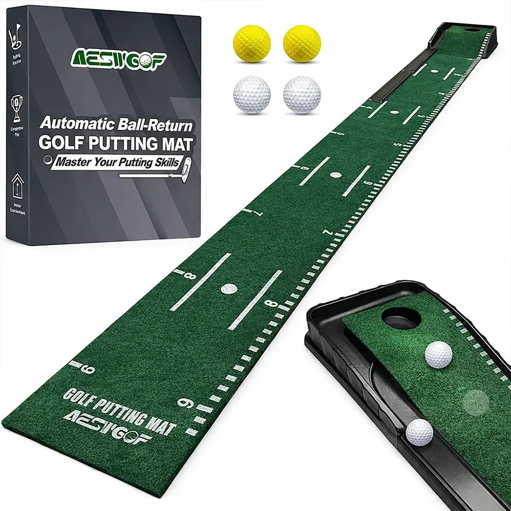 Golf Putting Mat with Auto Ball Return System Indoor Golf Practice Training Aid Set with Putter and Balls for Home Office Use