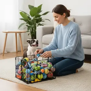 Large Heavy Duty Chew Proof Carbon Steel Dog Toy Storage Box Foldable Pet Basket Organizer Bin with Handles for Puppy Toys Blankets Clothes Multi Use Dog Proof Container Easy Assembly Space Saving