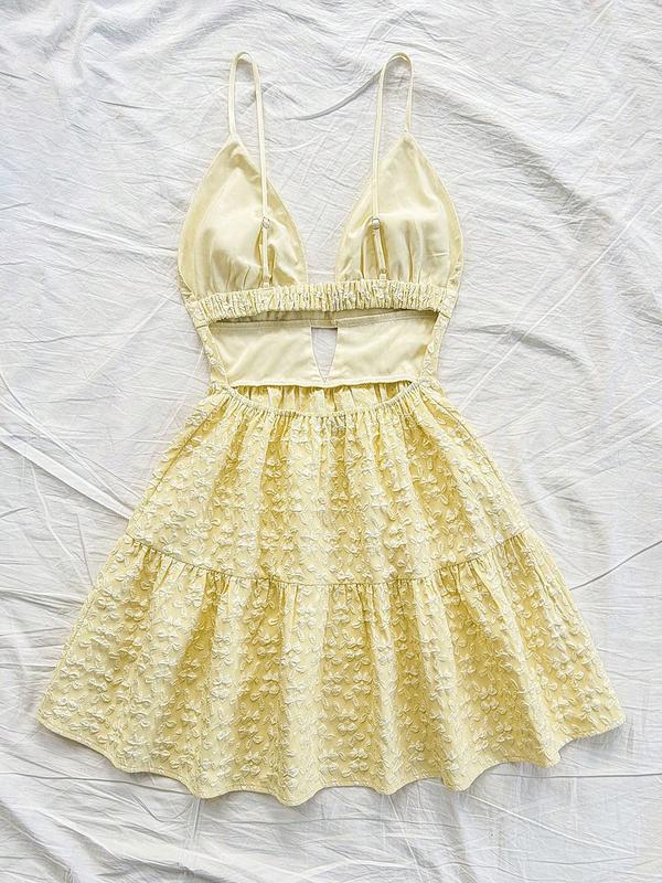 This  Floral Textured Dress is Summer Vacation Vibes Deep V Cutout Tiered Mini Dress Valentine's Day