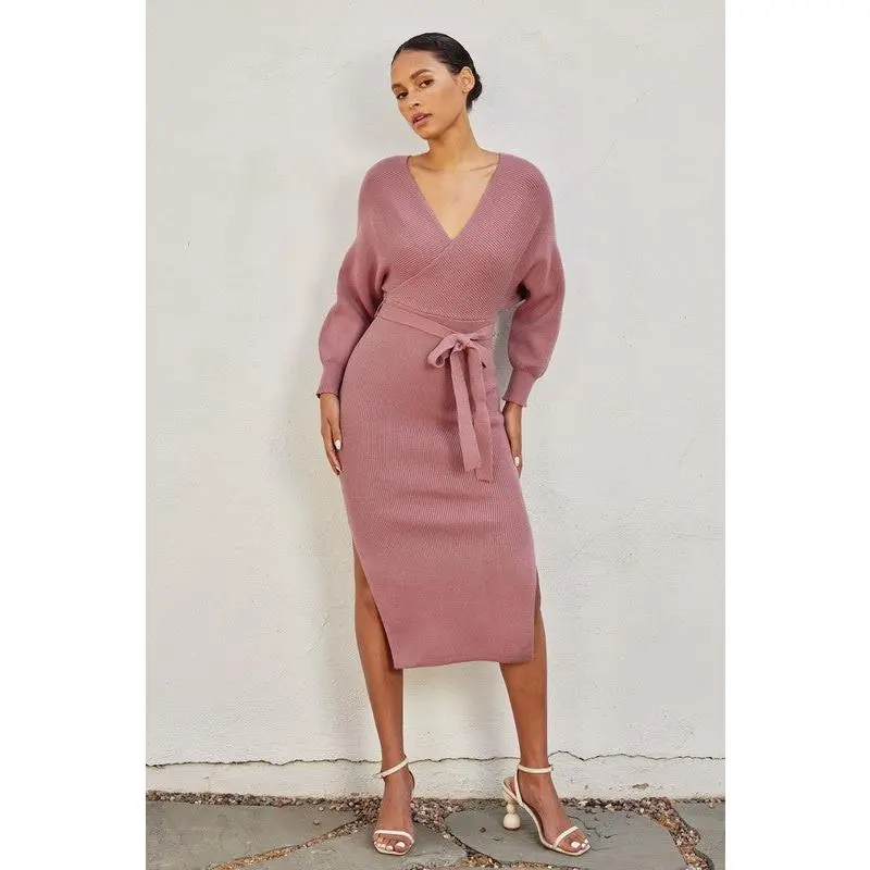 Brigitte Ribbed Long Sleeve Belted Sweater Midi Dress - Rose