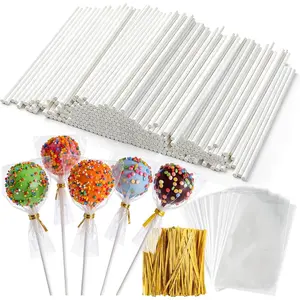 300Pcs Lollipop Sticks and Wrappers Kit, 100Pcs 6IN Cake Pop Stick, 100pcs Clear Candy Treat Bags Parcel, 100pcs Gold Twist Ties for Lollipops, Candies, Chocolates Cookies