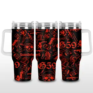 G59 Suicideboys Red Skull 40oz Tumbler with Handle & Straw, Grey Five Nine Collector Cup, Rap Music Fan Gift, Gothic Stainless Steel Insulated Travel Mug