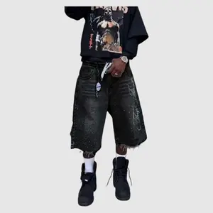Men's High Cotton Y2K Rhinestone Baggy Denim Shorts, Retro Gray Washed Jean Shorts with Sparkling Rhinestone & Cursive Script Print, Grunge Streetwear Casual Jorts for Men