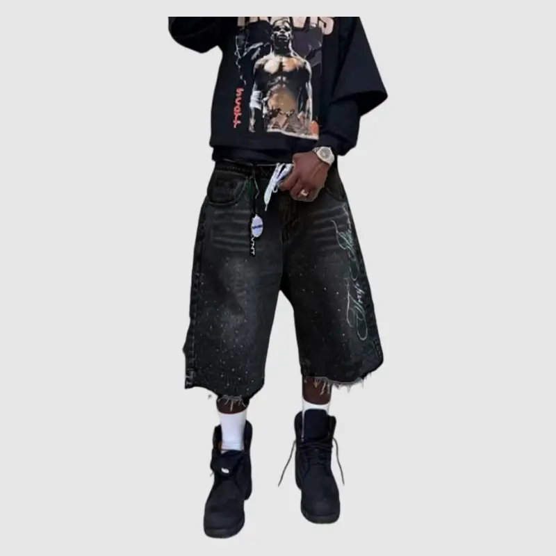 Men's High Cotton Y2K Rhinestone Baggy Denim Shorts, Retro Gray Washed Jean Shorts with Sparkling Rhinestone & Cursive Script Print, Grunge Streetwear Casual Jorts for Men