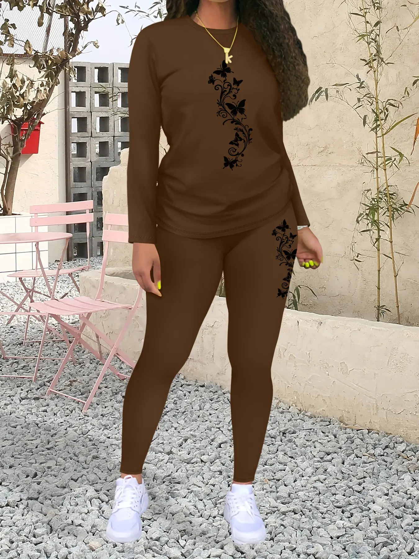 Women's Pattern Print Casual Sportswear Two-Piece Set, Fashionable Long Sleeve Top & Tight Pants, Fall & Winter