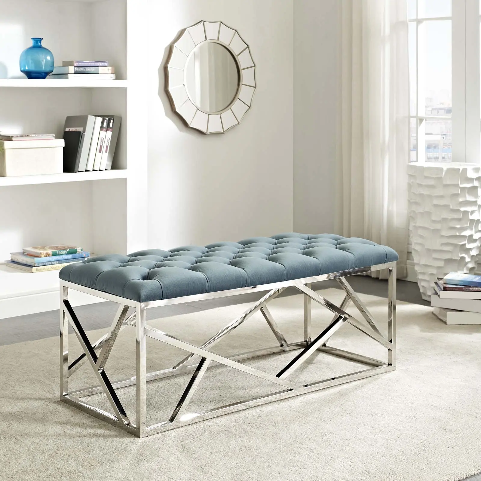Modway Intersperse Tufted Button Indoor Bench - Sea Blue, Stainless Steel Accents, Modern Furniture for Bedroom, Living Space, Modern Bedroom