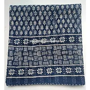 Blue Indigo Print Cotton Handmade Handblock Quilted Blanket Indian Cotton Bedspread Kantha Indigo Print Bohemian Bed Decor Throw Blanket Multiple Sizes Queen/King 90X108 inches