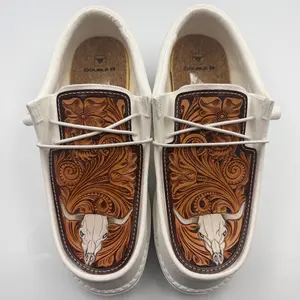 Double R Western Tooled Leather Shoes (All White - Brown Floral Bull)