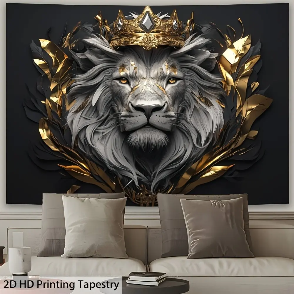 Luxurious Lion Crown Tapestry Wall Mural, Polyester Wall Art for Living Room, Bedroom, Office, Party Decoration, Creative Gift Choice