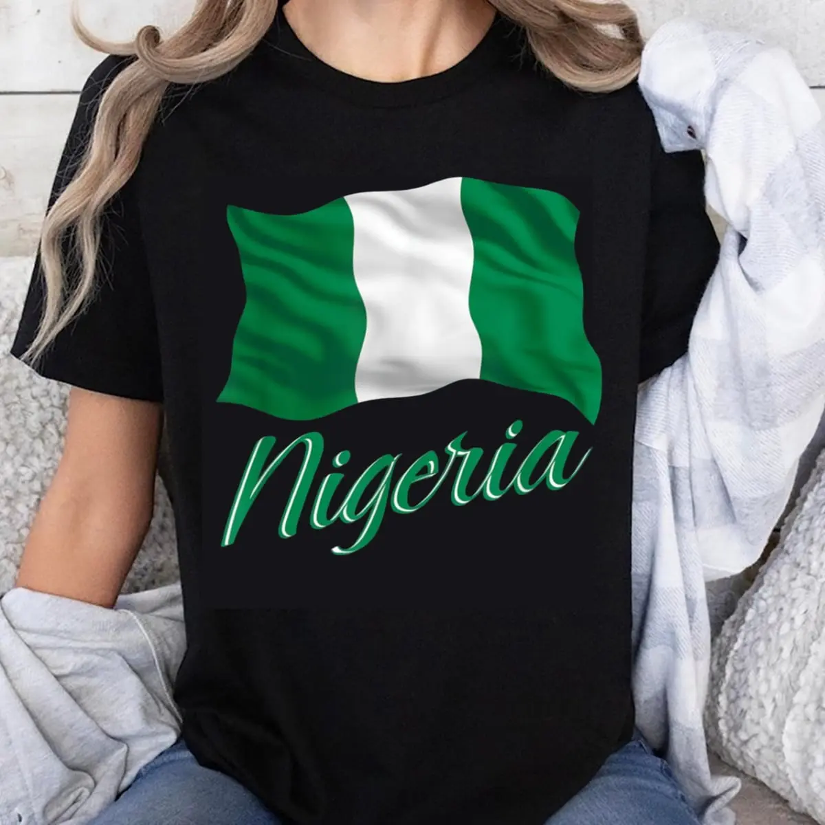 Women's 100% Cotton Round Neck Short-Sleeve Tropical Garment, Black T-Shirt with Nigeria Flag, Green White Country Name Print, Outdoor Casual Beach Top