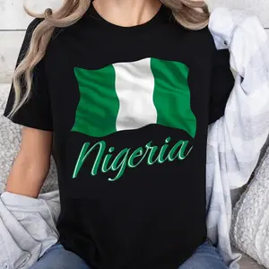 100% Cotton Fashion Garment Nigeria Flag T-Shirt National Pride Design for Men Women Unisex Black Tee with Green White Colors and Country Name Print