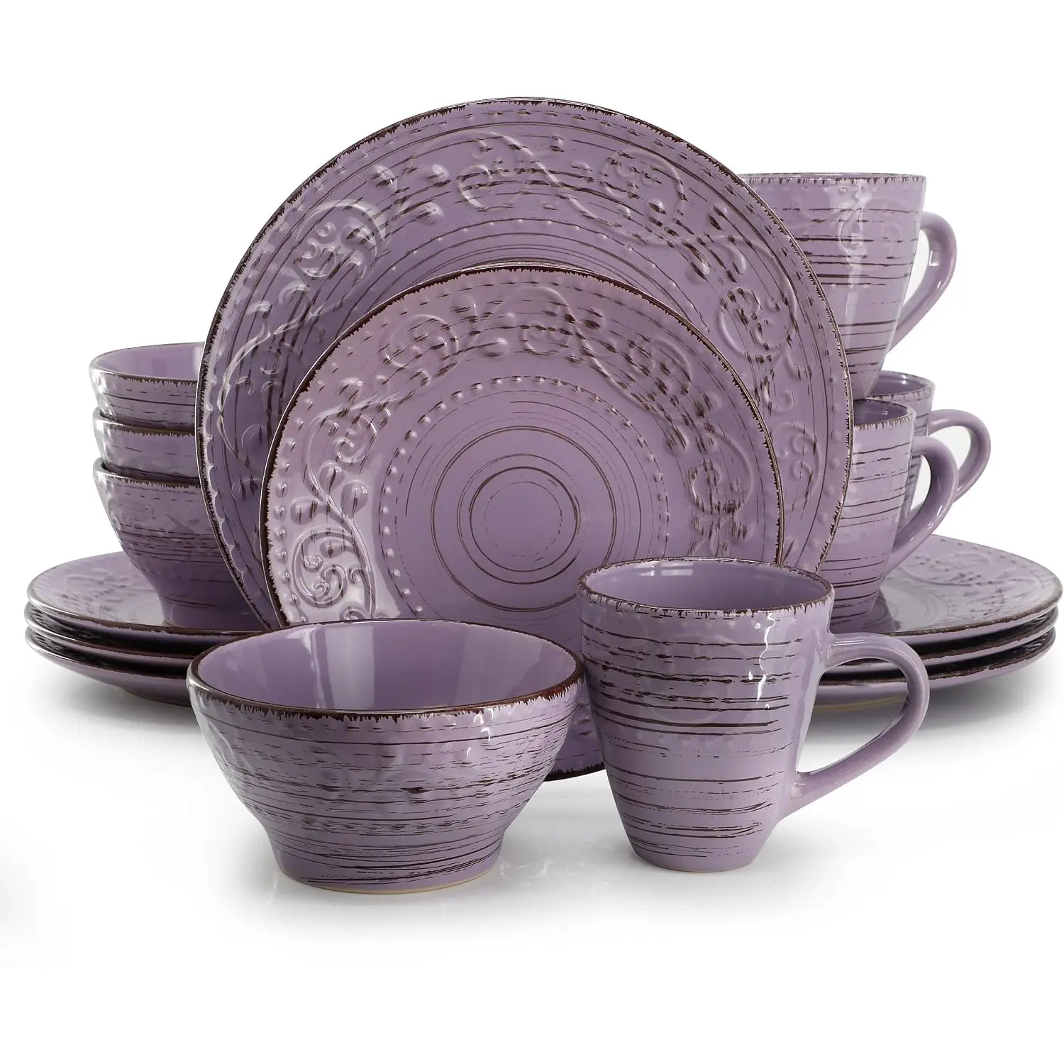 Malibu Mica 16-Piece Stoneware Embossed Pattern Re Glaze Purple Dinnerware Set, Tableware, Serveware Set (Mica Purple)