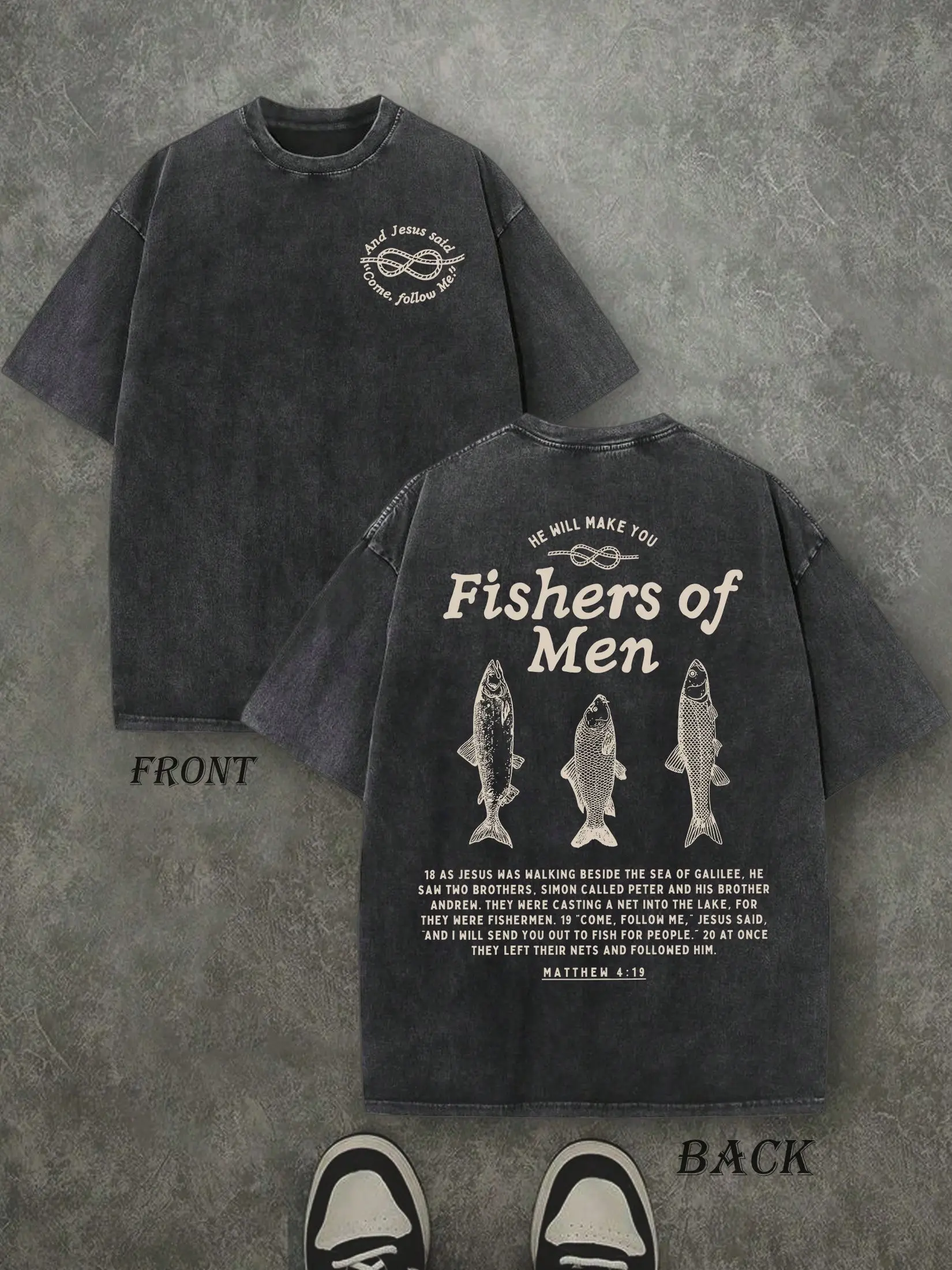 Vintage Black Washed Fishers Of Men Double Sided Christian T-Shirt, Front Pocket Fish Hook Logo Back Three Fish Matthew 4:19 Scripture Oversized Faith Tee