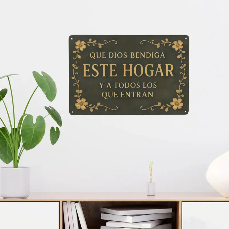 12x8in Traditional Rectangle Spanish Religious Aluminum Metal Sign "Que Dios Bendiga Este Hogar", Vintage Dark Green-Gold Floral Design, Pre-Drilled Holes, Blessing Home Decor Plaque for Entry & Wardrobe, Classic Theme Gift for Spanish-Speaking Christians