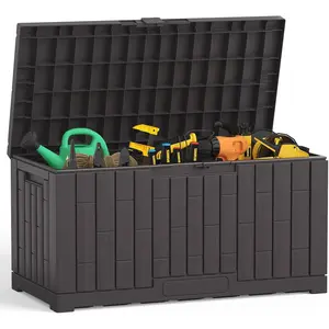 60 Gallon Deck Box, Waterproof Outdoor Storage Box with Lockable Lid, Patio Furniture Bench & Side Table, Outside Storage Container, Tool-Free Assembly, for Garden, Pool, Brown