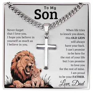 Cuban Link Chain Necklace for Son, Old Lion Will Always Have Your Back, Graduation Christmas Birthday Gift from Mom Dad Adjustable Necklace
