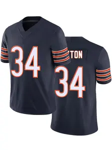 Men's American Football Jersey 34 Blue Vintage Embroidered Casual Training T-Shirt, Sporty V-Neck Short Sleeve, Loose-Fitting Long Style, Stylish Jersey, Sportswear Top