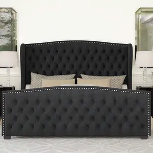 Velvet Upholstered Platform Bed Frame with Handmade Wingback Headboard, Button Tufted & Nailhead Design, Wooden Slats Support – Queen, King Size, California King Options for Bedroom Furniture, California King Bed, Queen Bed Frame