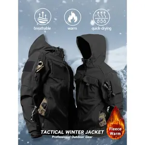 Men’s Autumn/Winter Waterproof Fleece Tactical Jacket, Multi-Pocket Hooded Zip-Up Outdoor Hiking Training Casual Athletic Jacket