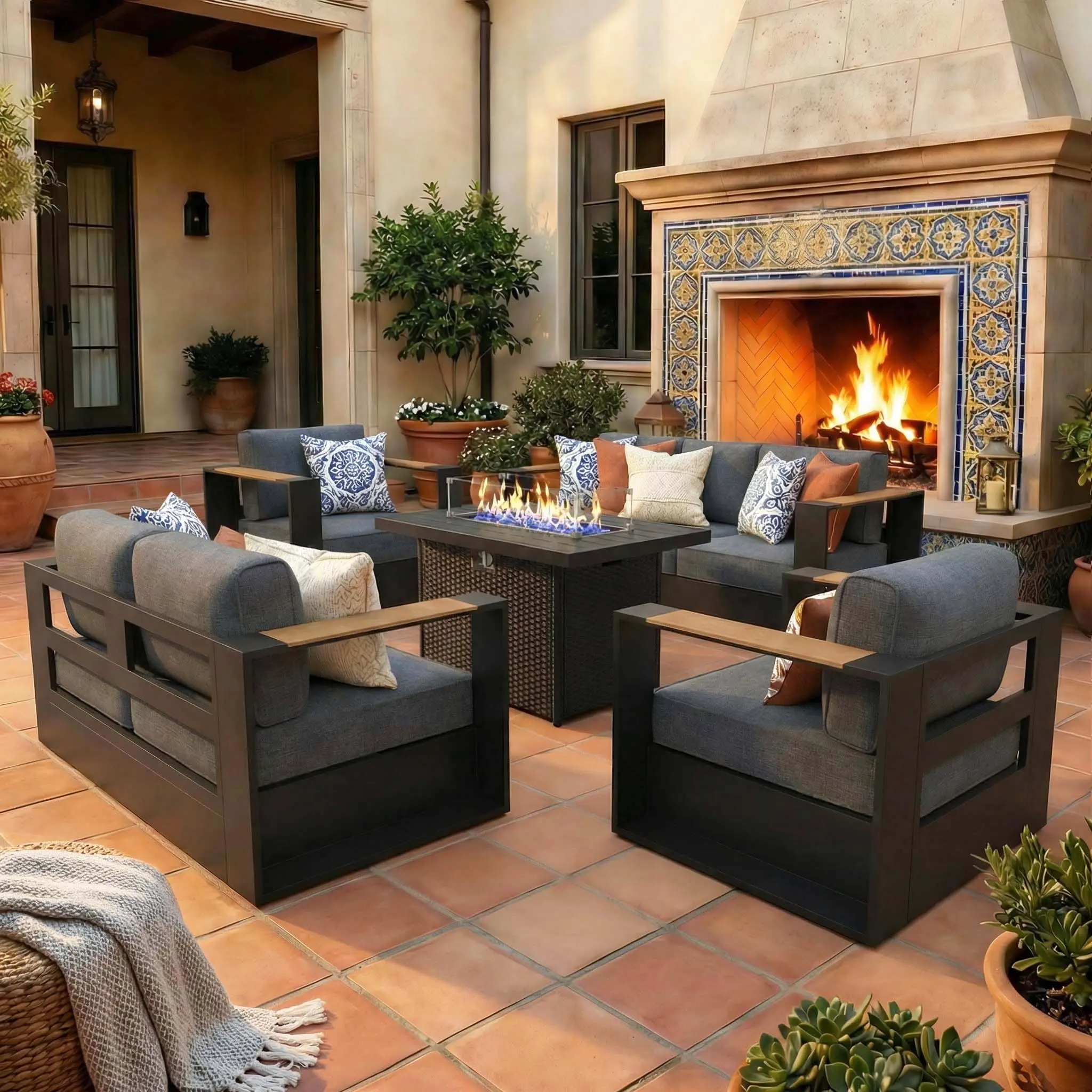 LayinSun Modern Aluminium Frame Patio Conversation Set - 4/5-Piece Outdoor Garden Furniture Set, 44in Rectangle Fire Pit Table, 6in Thick Cushions, 400 lbs Capacity, Weather-Resistant Oversize Foam Cushions for Back Porch Backyard